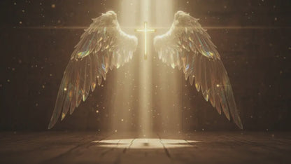 Golden angel wings and glowing cross illuminated by divine light, symbolizing faith and hope in Joyful Reflections religious Christmas cards.