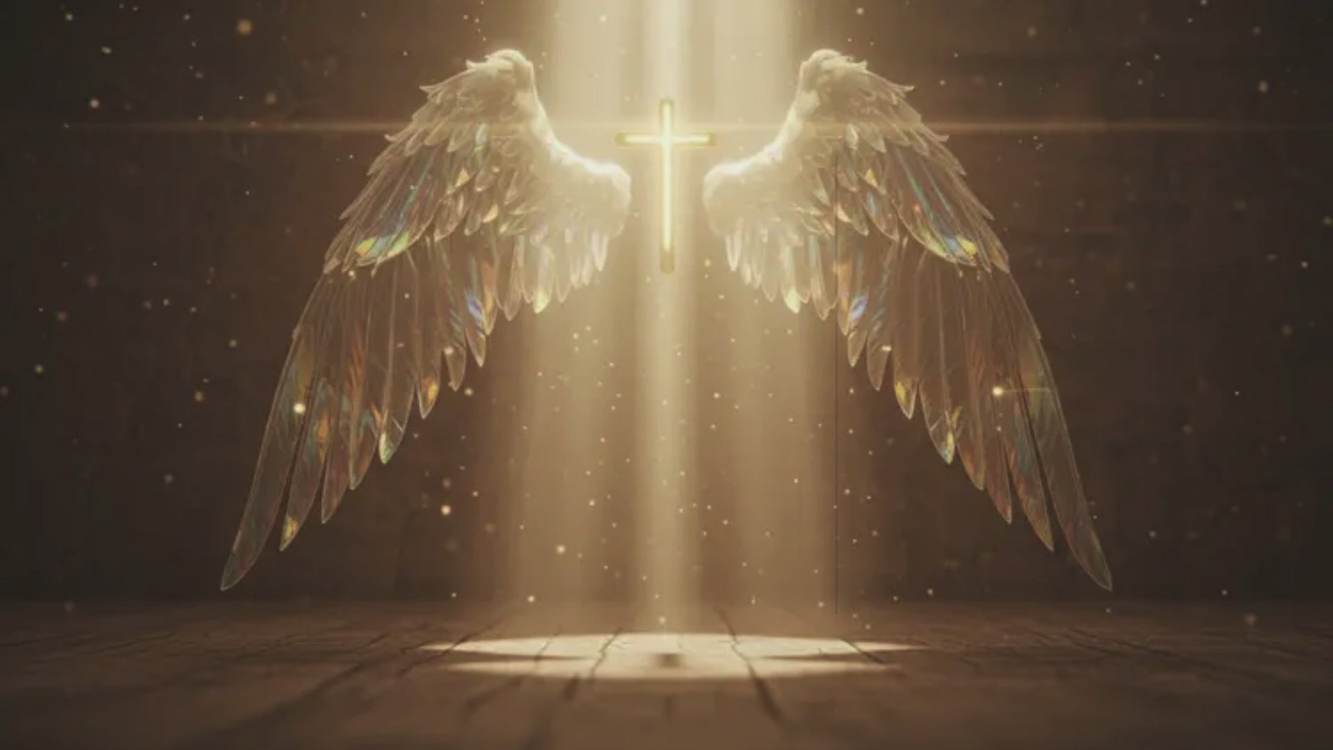 Golden angel wings and glowing cross illuminated by divine light, symbolizing faith and hope in Joyful Reflections religious Christmas cards.